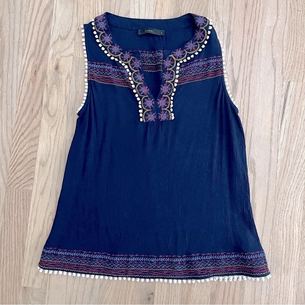 THML Women’s Navy Blue Tank Top Sz Small Lightweight Rayon Pom Poms